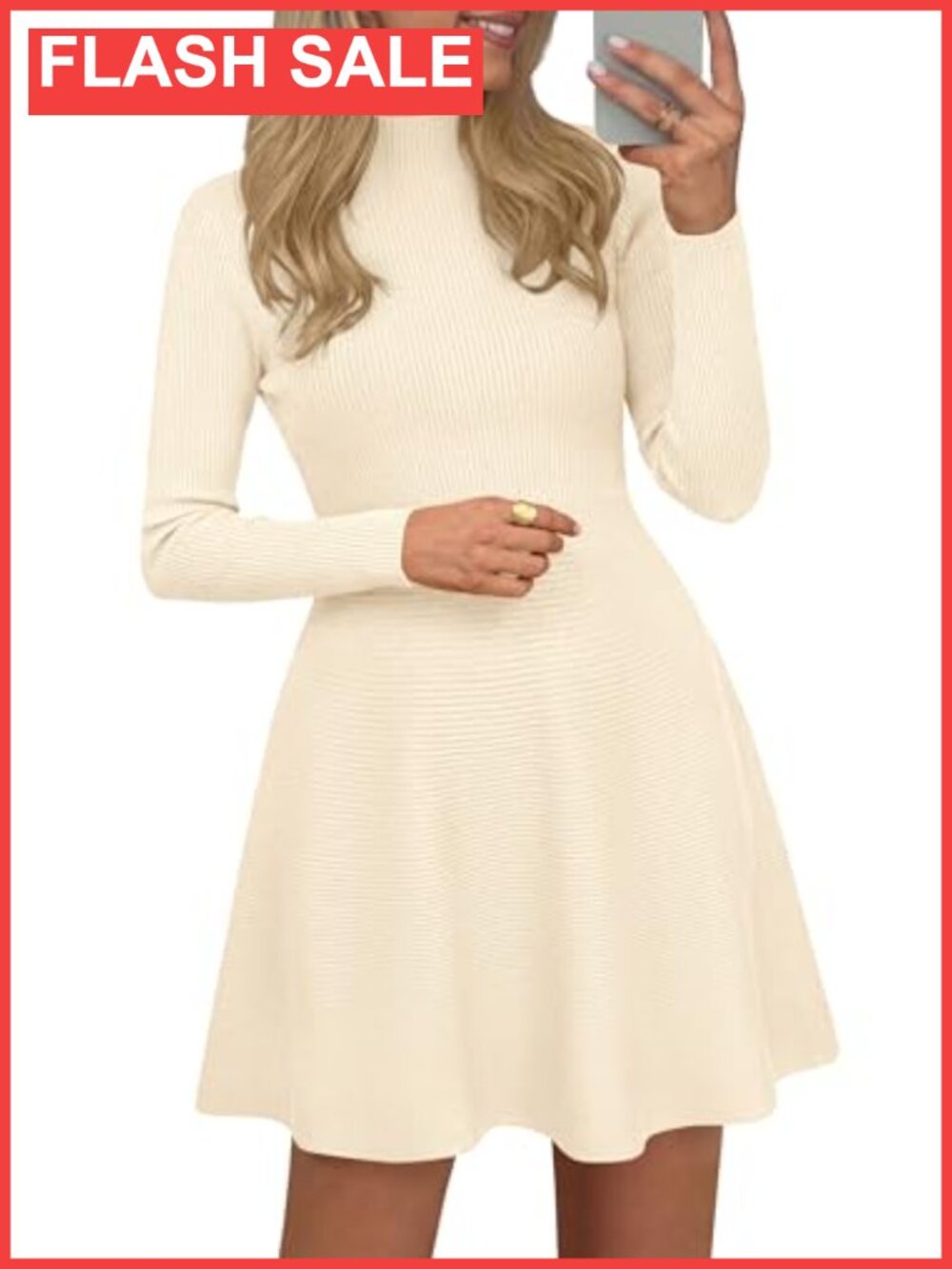 Knit A-Line Short Sweater Dress Mock Neck Long Sleeve